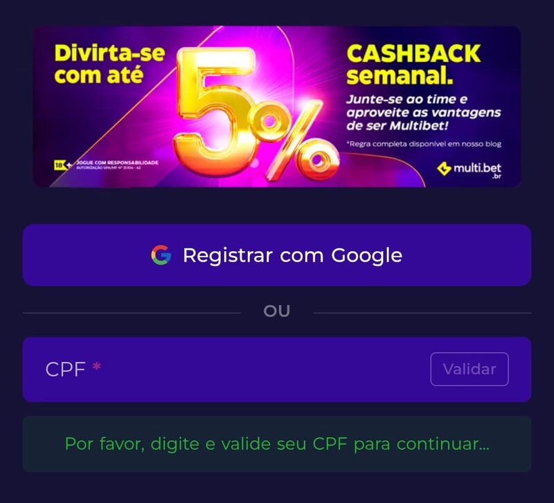 Formulário de registo no Multibet