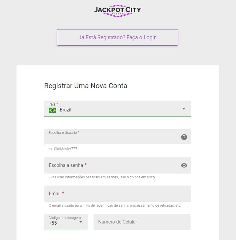 Registro no Jackpot City